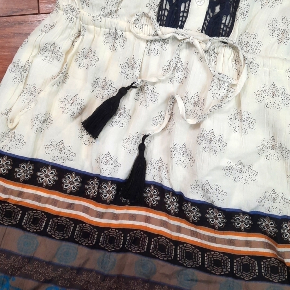 Max Jeans Dress Peasent Boho Crochet front Midi Cream Colored - Picture 5 of 6